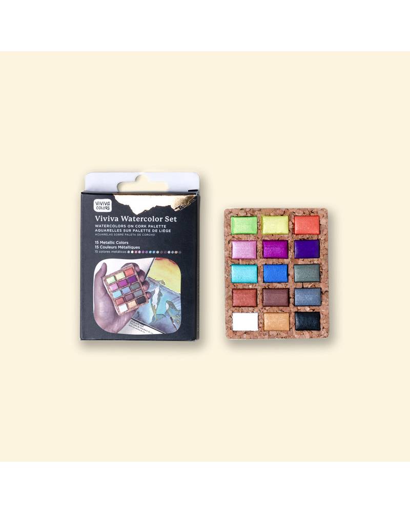 foto di Viviva Metallic Watercolors – Set di 15 Colori Metallizzati Su Tavolozza di Sughero