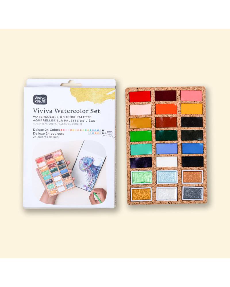 Viviva Watercolors – Confezione in Sughero set di Acquerelli 24 colori - 1